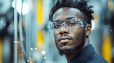 Focused Industrial Worker Wearing Safety Glasses in a Manufacturing Environment.の素材
