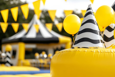 Vibrant Yellow and Black Party Decorations with Inflatable Fun.の素材