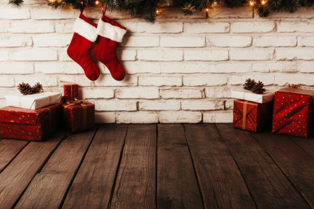 Festive Holiday Scene with ings and Wrapped Gifts by a Brick Wall.の素材