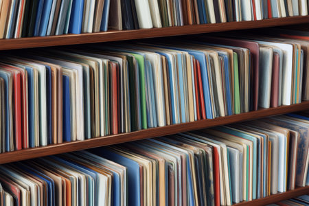 Colorful Vinyl Records Collection on Wooden Shelves in Vintage Music Store.の素材