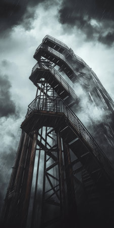 Dramatic Industrial Staircase in Stormy Weather Evocative Architectural.の素材