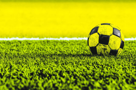 Yellow and Black Soccer Ball on Vibrant Green Grass Field.の素材