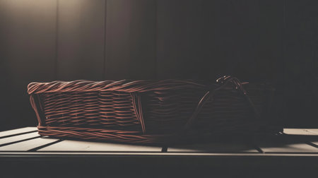 Vintage Wicker Basket on Sunlit Table in Rustic Setting.の素材