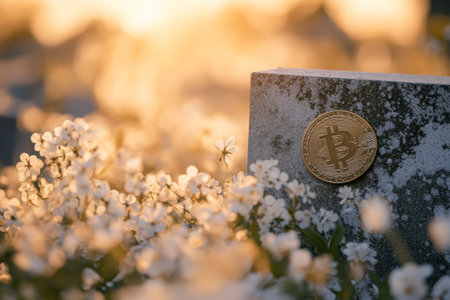 Symbol on Gravestone Among Blossoming Flowers at Sunset.の素材