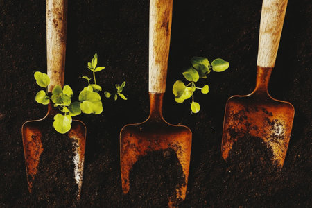 Rustic Gardening Tools in Soil with Emerging Green Seedlings.の素材