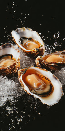 Fresh Oysters on Ice with Water Splash Premium Seafood Delight.の素材