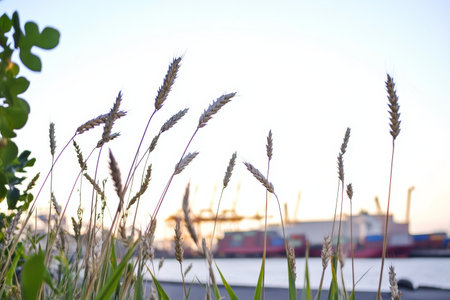 Serene Wheat Stalks Silhouetted Against Blurry Industrial Waterfront.の素材