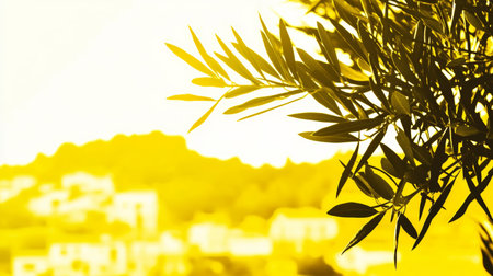Golden Sunlit Olive Branch over Blurred Mediterranean Landscape.の素材