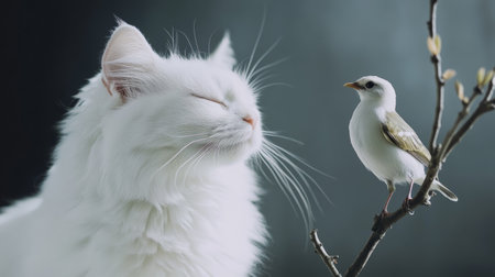 Tranquil White Cat and Bird on Branch Harmony in Nature.の素材