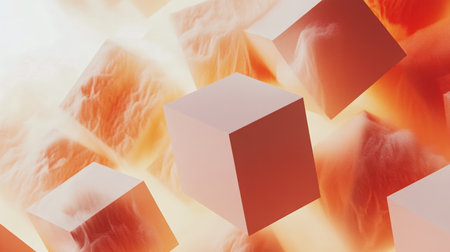 Abstract Geometric Cubes Floating in Dynamic Fiery Atmosphere.の素材