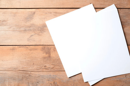 Blank White Papers on Wooden Surface Minimalistic Design and Natural Texture.の素材