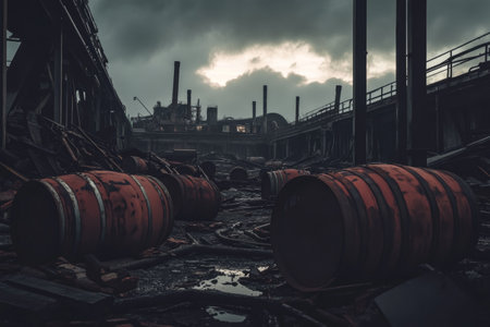 Abandoned Industrial Site with Weathered Red Drums Under Dark Skies.の素材