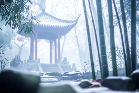 Tranquil Misty Pagoda in Serene Bamboo Forest Setting.の素材