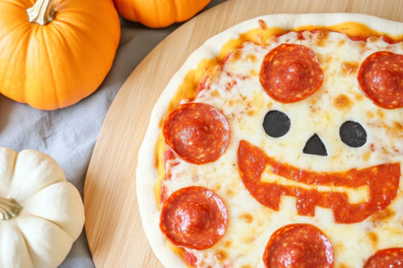 Halloween Pepperoni Pizza with Pumpkin Decorations on Wooden Board.の素材