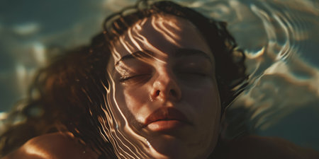 Serene Woman Floating in Water with Sunlight Reflections.の素材