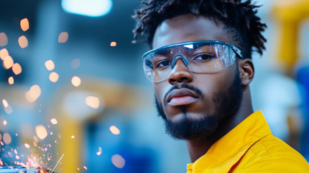 Focused Industrial Worker in Safety Gear with Sparking Metalwork.の素材