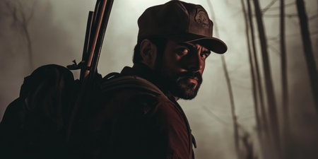Rugged Explorer in Mysterious Forest Mist with Backpack and Rifle in Hand.の素材