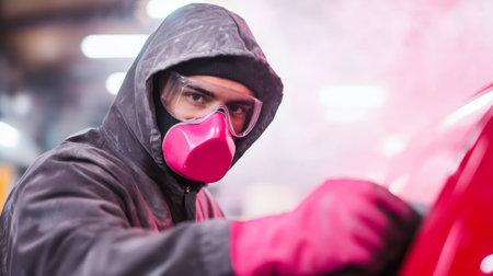 Automotive Worker in Protective Gear Polishing Vehicle.の素材