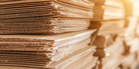 Stacked Cardboard Boxes in Warm Light Recycling and Sustainability Concept.の素材