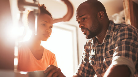 Couple Collaborating in Kitchen Teamwork and Problem Solving in Home Maintenance.の素材