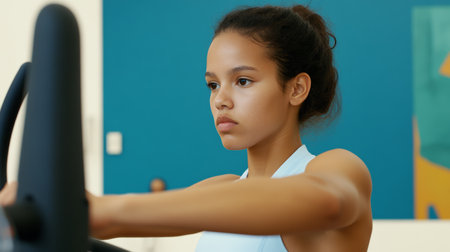Focused Young Woman Exercising on Stationary Bike in Modern Gym.の素材