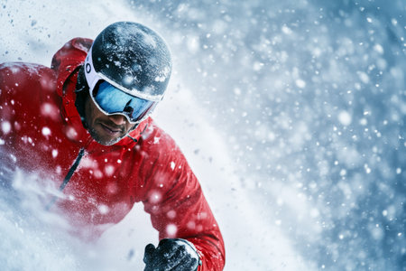 Dynamic Action Shot of a Skier in Red Jacket Navigating Through Fresh Snowstorm.の素材