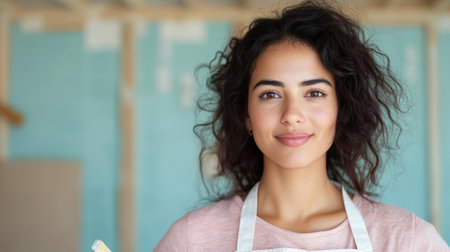 Confident Young Artist with Paintbrush Against Blurred Studio Background.の素材