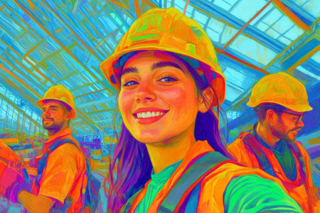 Vibrant Construction Workers in Colorful Hard Hats and Vests at a Worksite.の素材