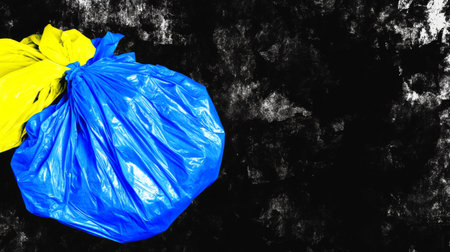 Vibrant Blue and Yellow Garbage Bags Against a Grungy Black Background.の素材