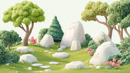 Tranquil Landscape with Lush Trees, Rocks, and Soft Pastel Colors.の素材