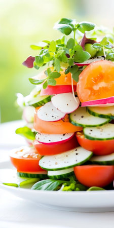 Vibrant Fresh Vegetable Tower with Tomatoes, Radishes, and Greens on White Plate.の素材