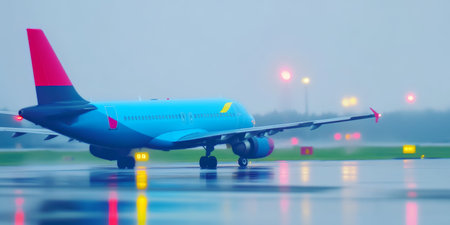 Vibrant Airplane on Wet Tarmac Amidst Evening Fog and Colorful Lights.の素材