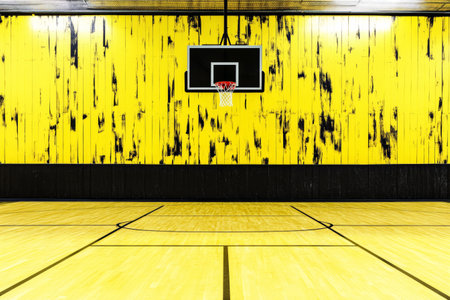 Minimalist Indoor Basketball Court with Vibrant Yellow Walls and Hoop.の素材