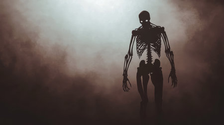 Eerie Skeleton Silhouette Standing in Misty Darkness.の素材