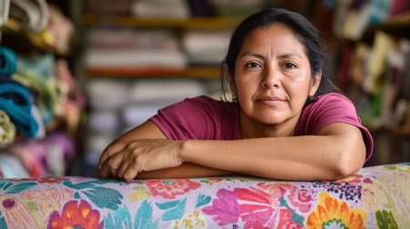Thoughtful Woman Leaning on Colorful Floral Fabric in Textile Shop.の素材
