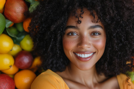 Smiling Woman Surrounded by Colorful Fruit Vibrant Health and Natural Beauty.の素材