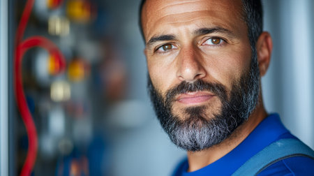Portrait of a Skilled Electrician in a Blue Uniform Working on a Control Panel.の素材