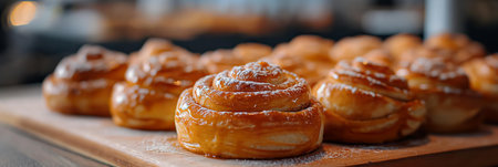 Freshly Baked Cinnamon Rolls on Wooden Board with Powdered Sugar.の素材