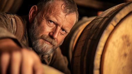 Traditional Brewer Inspecting Oak Barrels in Rustic Cellar.の素材