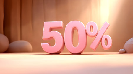 Pink 50% Discount Symbol on Beige Background for Sales Promotion.の素材