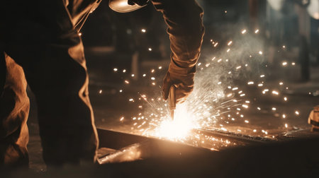 Industrial Welder at Work with Sparks Flying in a Dimly Lit Workshop.の素材