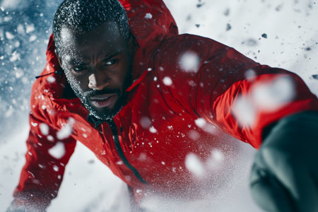 Man Climbing in Red Jacket Amidst Snowy Adventure and Determination.の素材