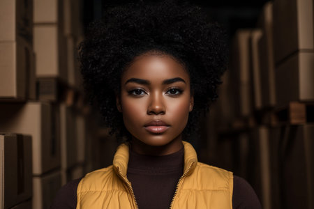 Confident Woman in Warehouse Setting Surrounded by Cardboard Boxes.の素材