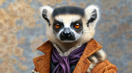 Whimsical Lemur in Vintage Attire: A Quirky Animal Portrait with a Historical Twist.の素材
