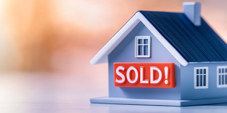 Miniature House Model with Sold Sign Highlighting Real Estate Success and Property Transactions.の素材