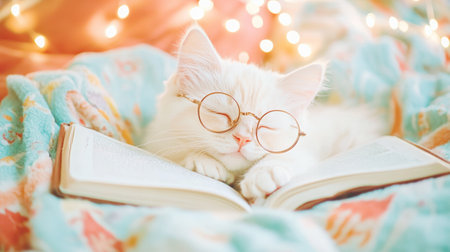 Adorable White Kitten with Glasses Sleeping on Open Book Amid Cozy Lights.の素材