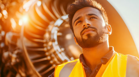 Confident Engineer in High Visibility Vest Inspects Machinery in Sunlit Industrial Setting.の素材