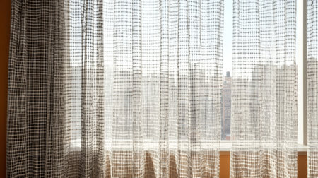 Sunlit Urban View Through Sheer Curtains in a Modern Apartment.の素材