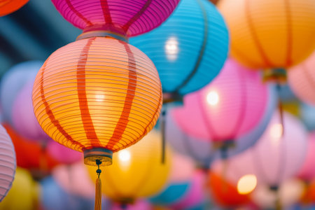 Colorful Paper Lanterns Illuminating Festive Night.の素材