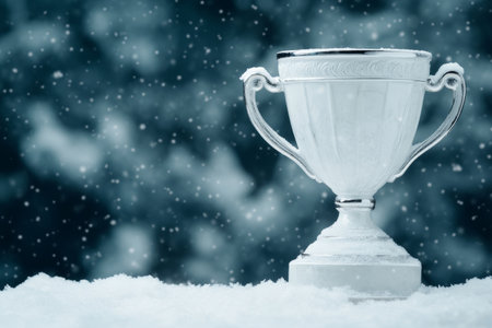 Silver Trophy in Falling Snow Symbol of Winter Achievement and Success.の素材